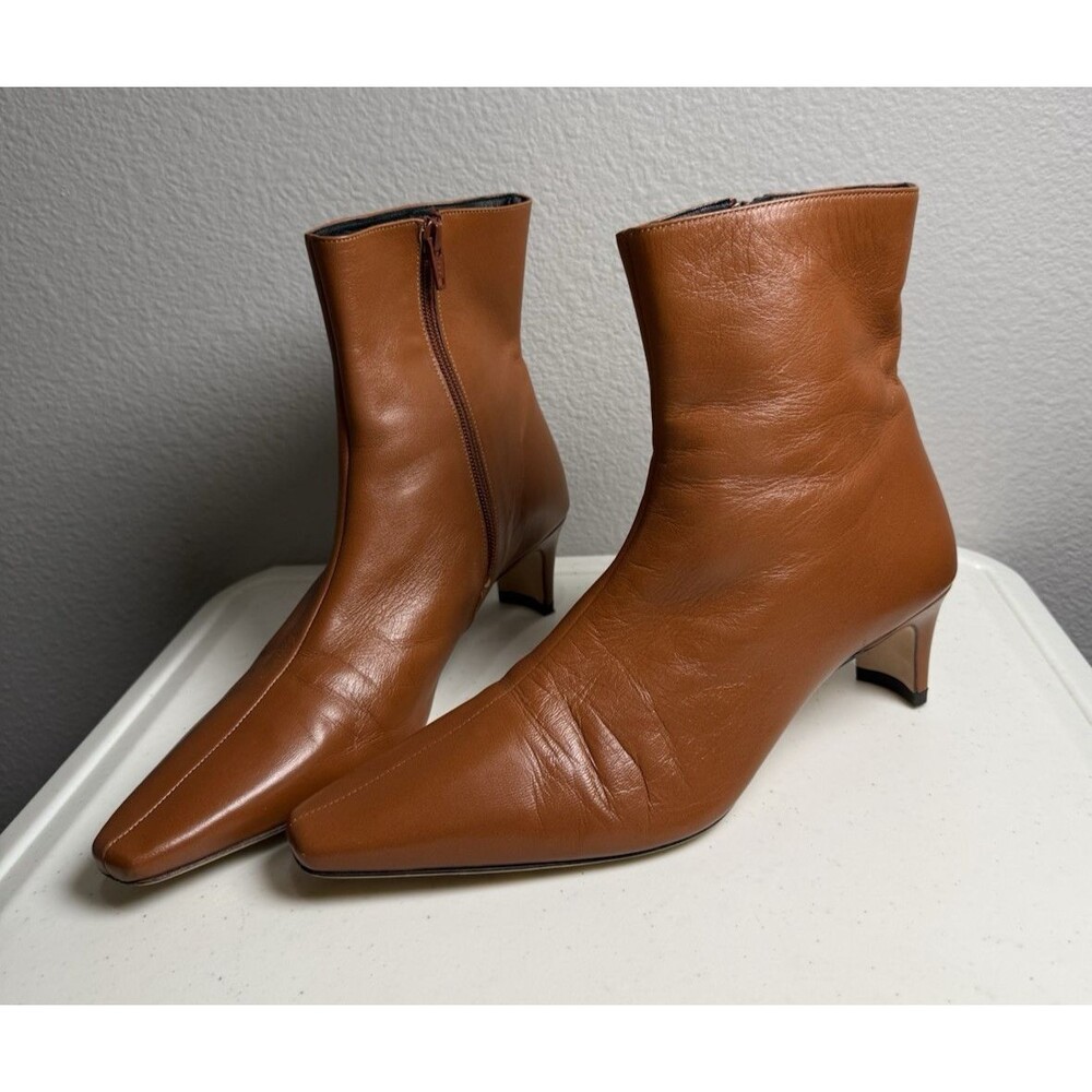 STAUD Wally Ankle Boots Tabac Tan Brown Leather Size 9 Square Toe Heeled